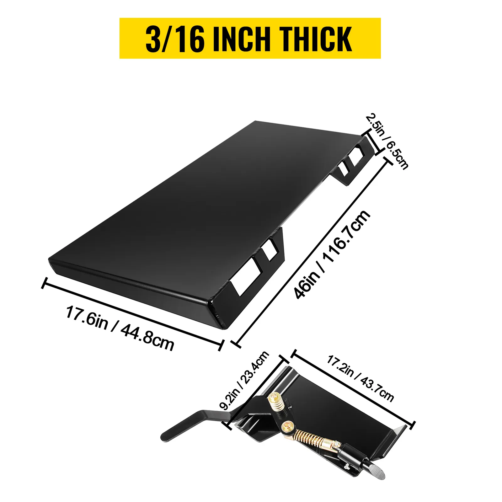 VEVOR skid steer-bevestiging, 3/16 inch dik, 17,6 x 46 inch, gedetailleerde afmetingen weergegeven.