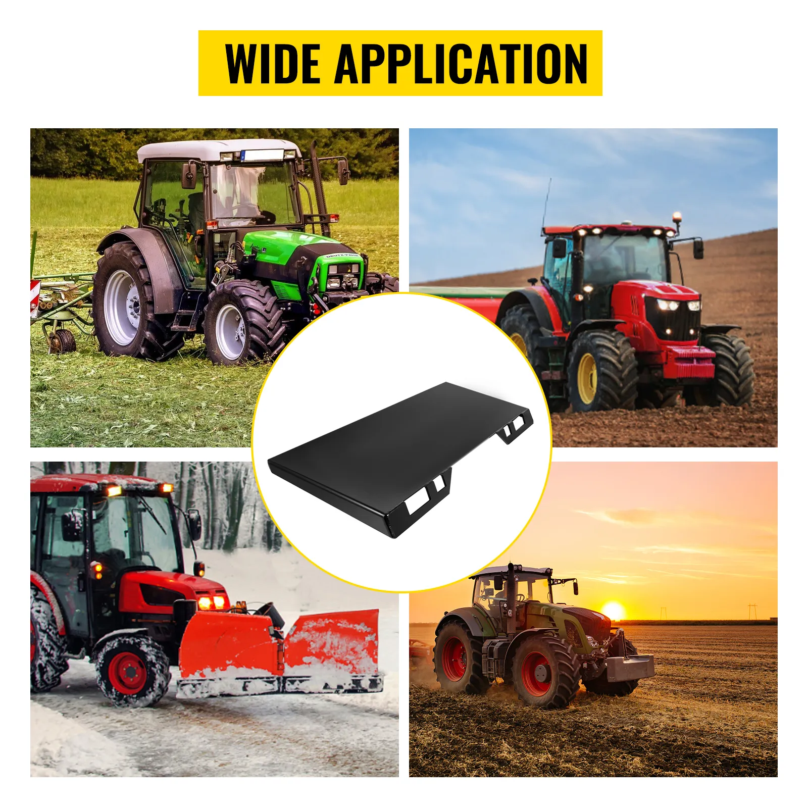 VEVOR skid steer-aanbouwdeel met diverse tractoren in uiteenlopende landbouwomgevingen.