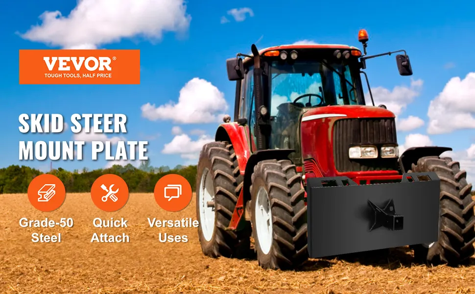 red tractor in field featuring VEVOR quick tach attachment amidst blue sky and clouds.
