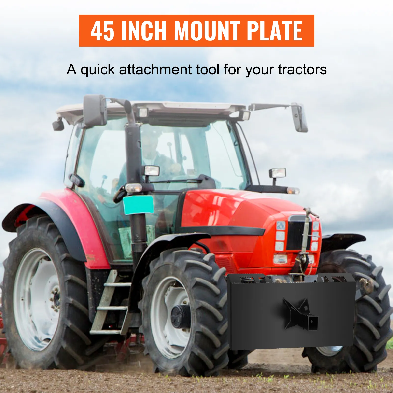 red tractor with VEVOR quick tach attachment, 45-inch mount plate label on top.