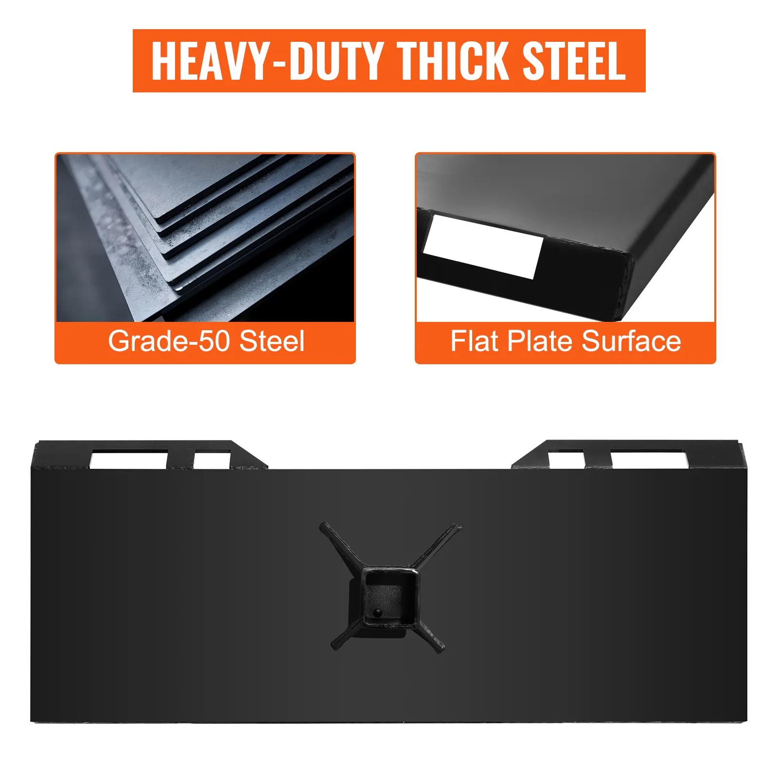 VEVOR quick tach attachment made of heavy-duty grade-50 steel with flat plate surface.