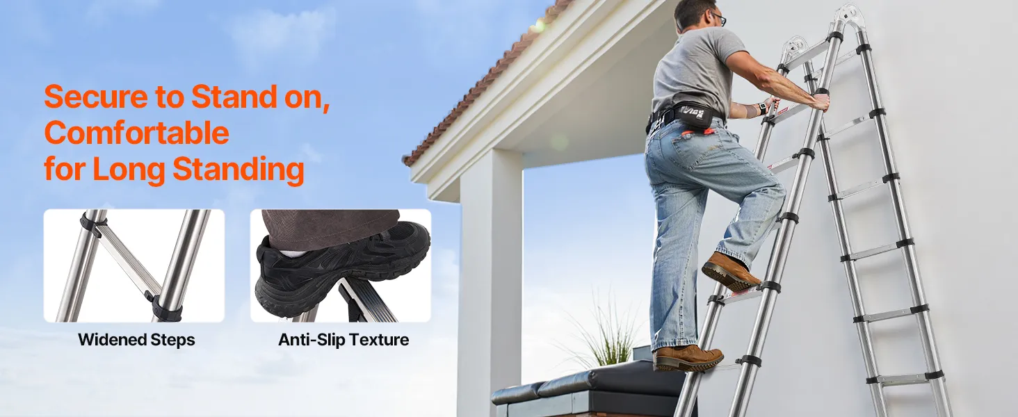 Telescoping Ladder A-Frame Stainless Steel Extension Step 16.5ft Portable Ladder