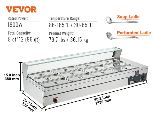 VEVOR commercial food warmer with 1800w power, 96 qt capacity, and temperature range of 86-185°f.