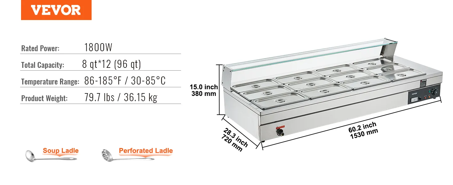 VEVOR commercial food warmer with 1800w power, 96 qt capacity, and temperature range of 86-185°f.