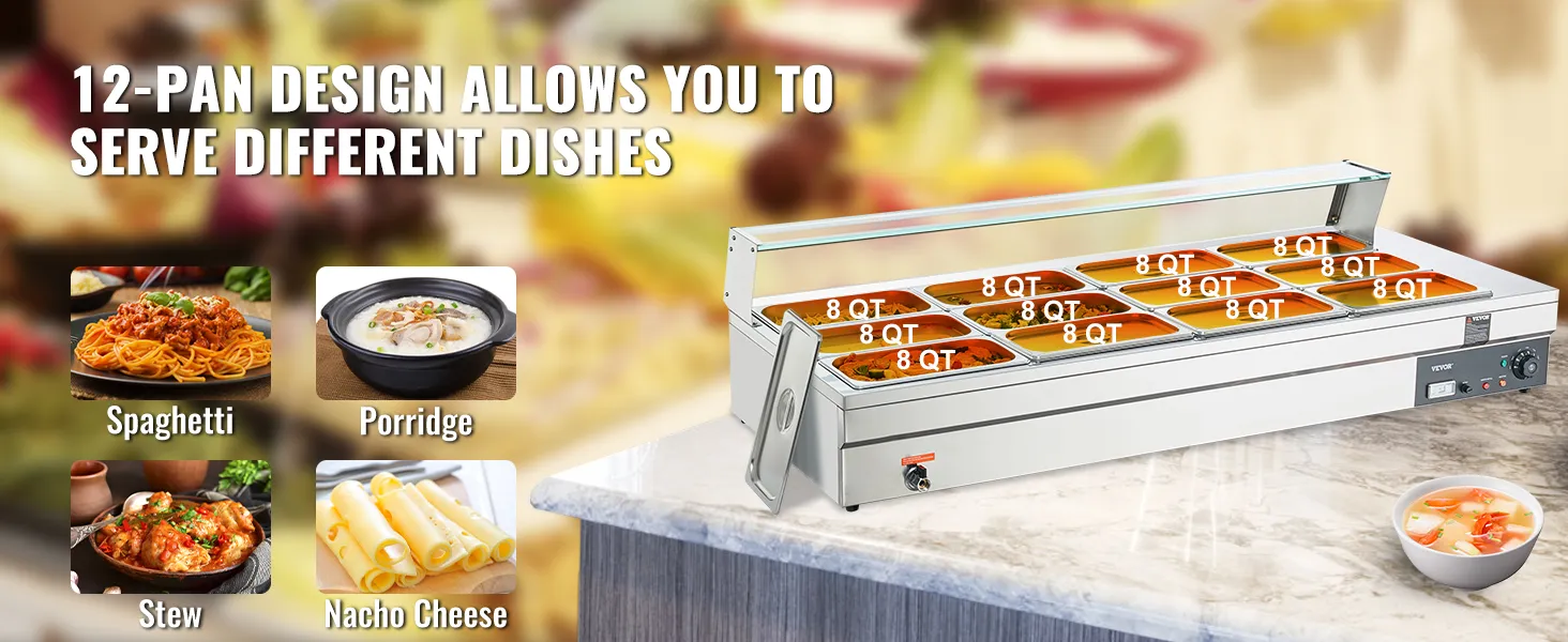 VEVOR commercial food warmer with 12-pan, 8 qt compartments serving spaghetti, porridge, stew, and nacho cheese.