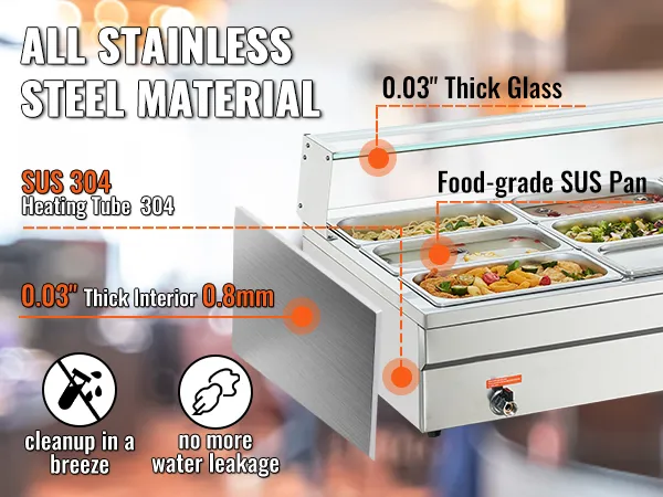 VEVOR commercial food warmer with stainless steel pans and 0.03" glass for easy cleanup and no water leakage.