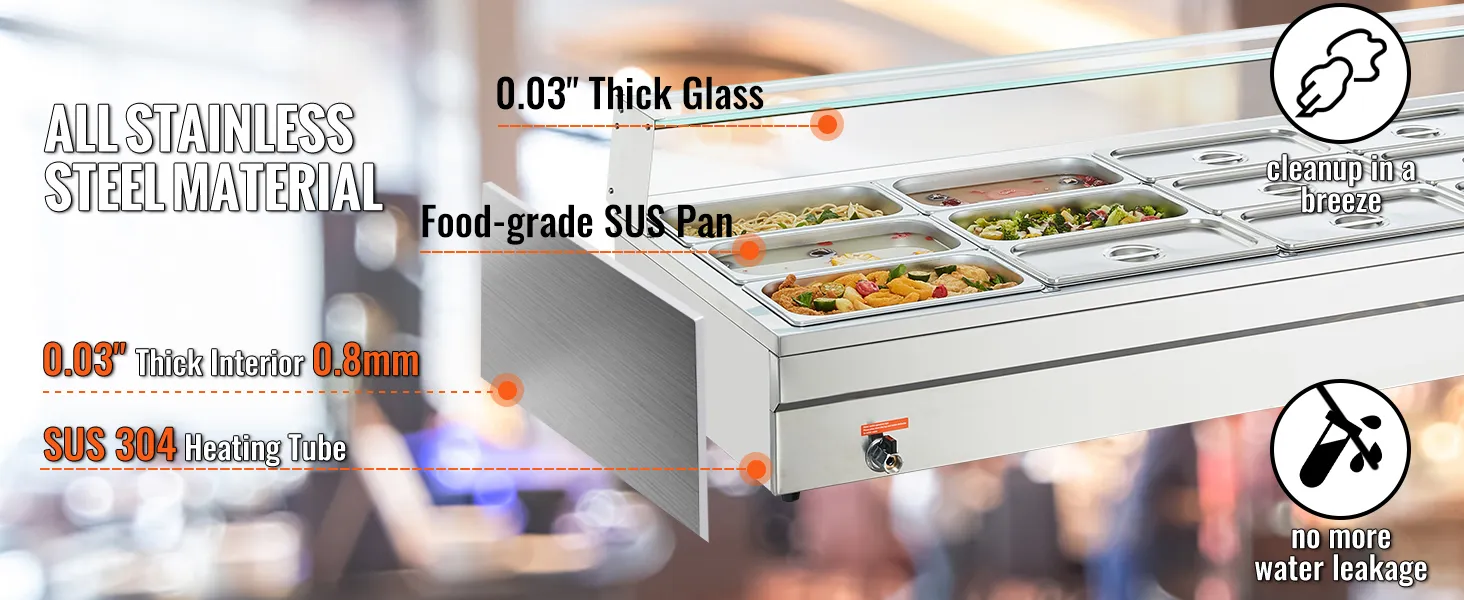 VEVOR commercial food warmer with stainless steel pans and 0.03" glass for easy cleanup and no water leakage.