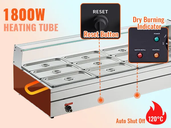 VEVOR commercial food warmer with 1800w heating tube, auto shut off, reset button, and dry burning indicator.