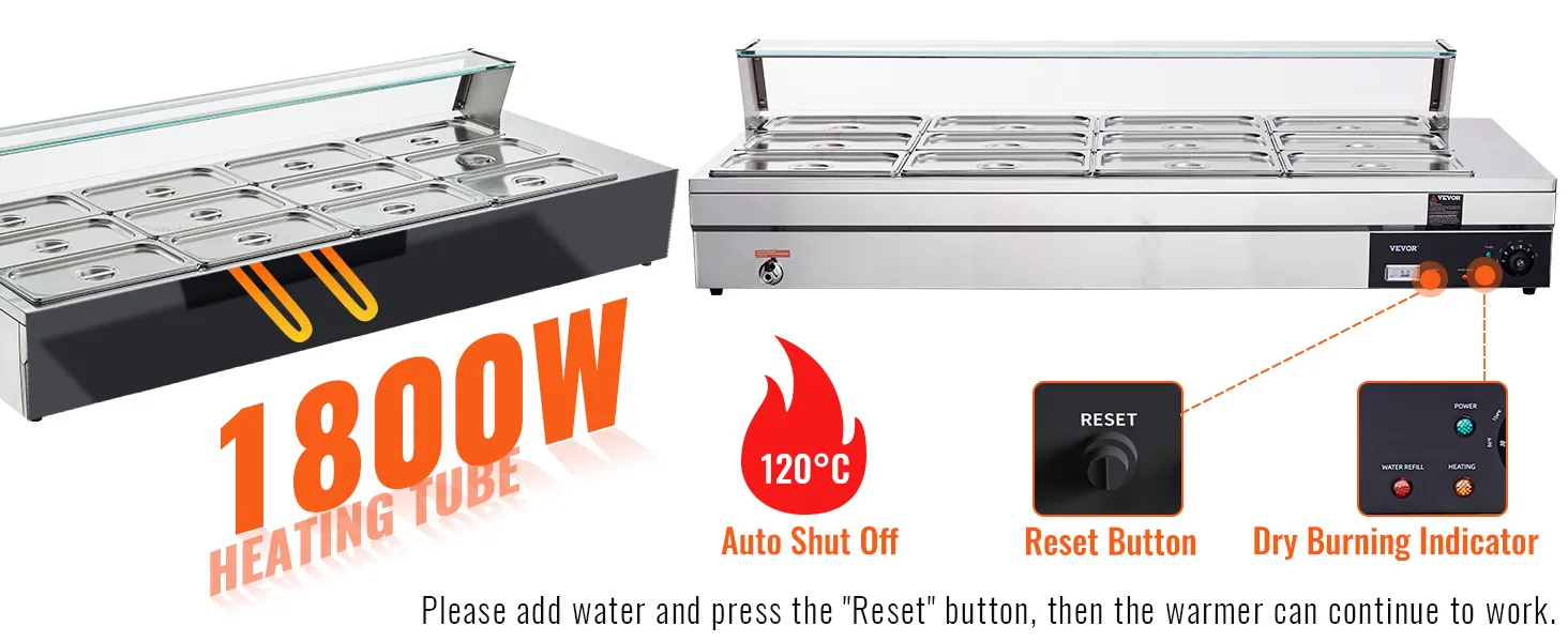 VEVOR commercial food warmer with 1800w heating tube, auto shut off, reset button, and dry burning indicator.