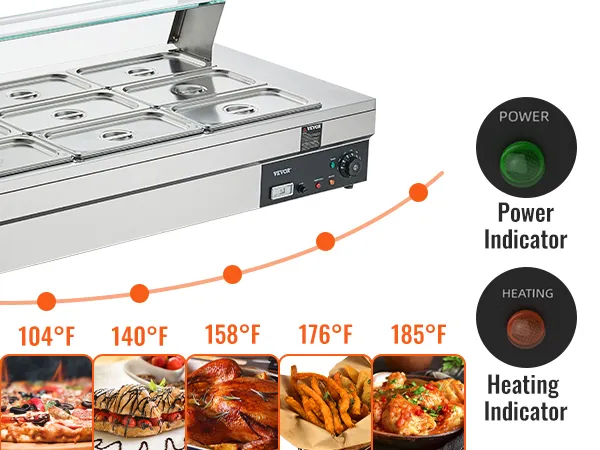 VEVOR commercial food warmer with temperature indicators and various heated food items like pizza and chicken.