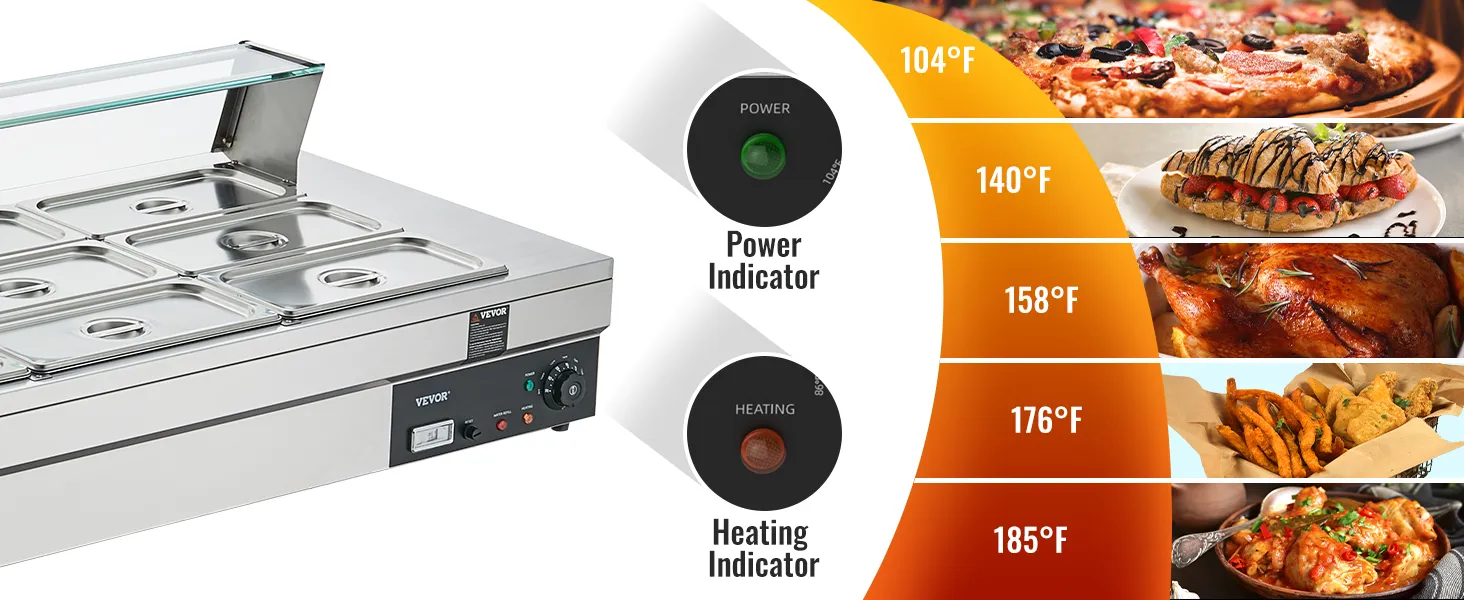 VEVOR commercial food warmer with temperature indicators and various heated food items like pizza and chicken.