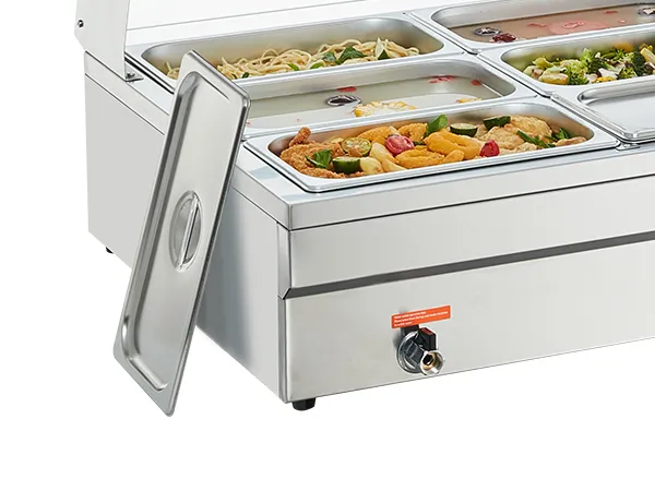VEVOR commercial food warmer with assorted dishes in stainless steel trays.