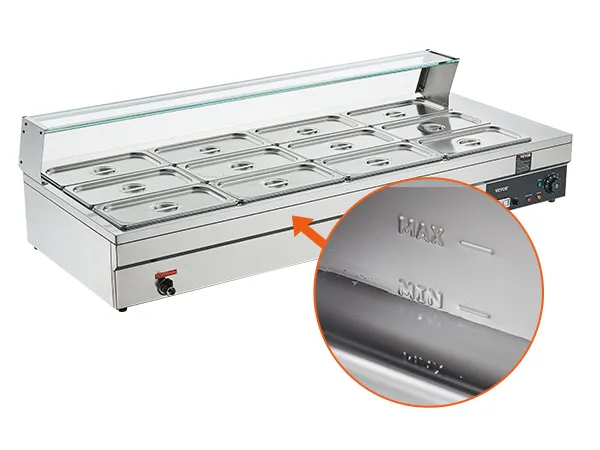 VEVOR commercial food warmer with multiple stainless steel trays, glass cover, and water level indicators.