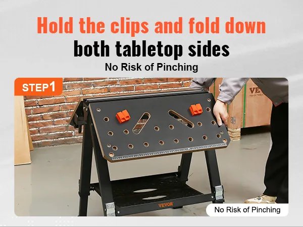 step 1: hold the clips and fold down both tabletop sides on the VEVOR folding work table.