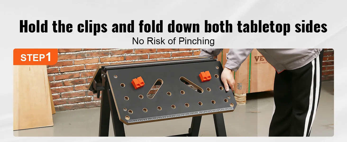 step 1: hold the clips and fold down both tabletop sides on the VEVOR folding work table.