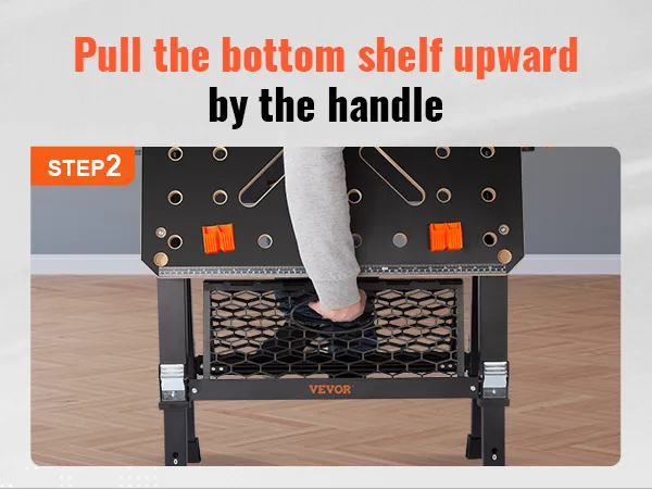 step 2: pull the bottom shelf upward by the handle on the VEVOR folding work table.