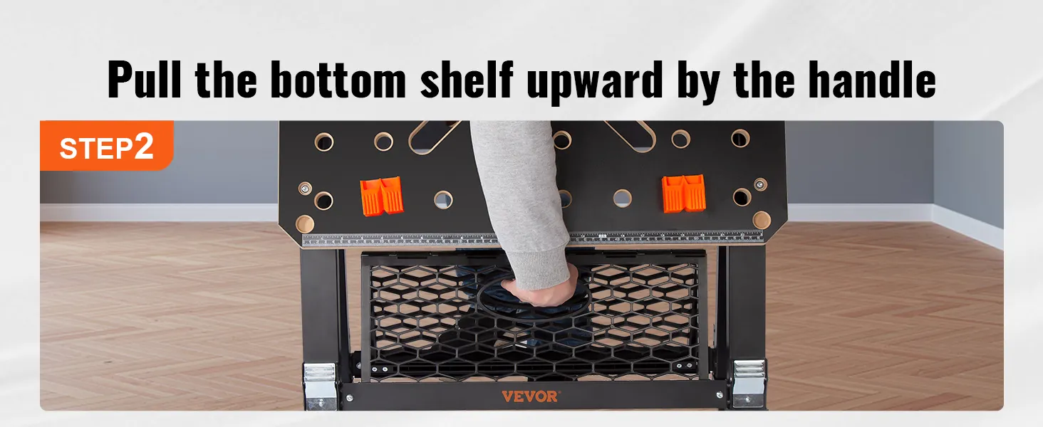 step 2: pull the bottom shelf upward by the handle on the VEVOR folding work table.