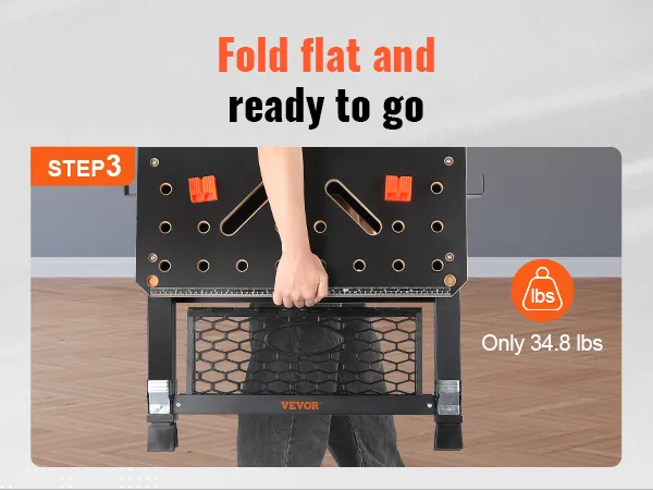 VEVOR folding work table, easy to fold, lightweight at 34.8 lbs, step 3 in assembly steps.