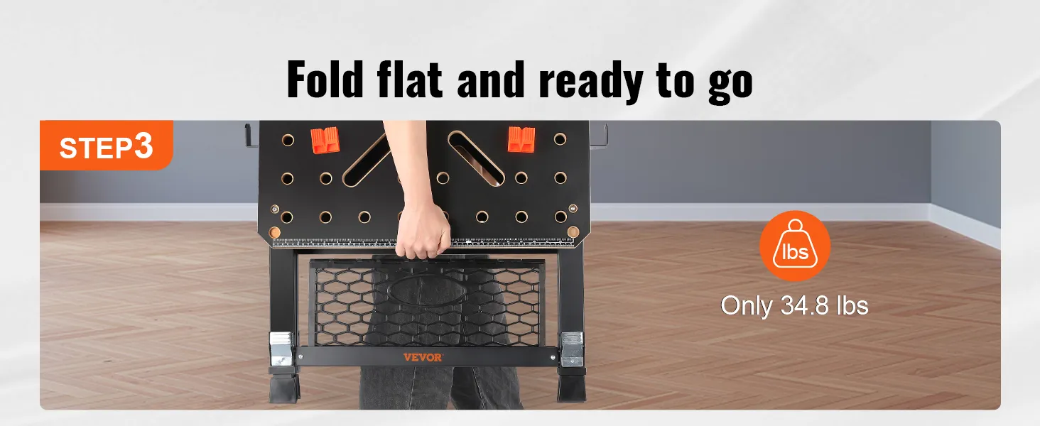 VEVOR folding work table, easy to fold, lightweight at 34.8 lbs, step 3 in assembly steps.