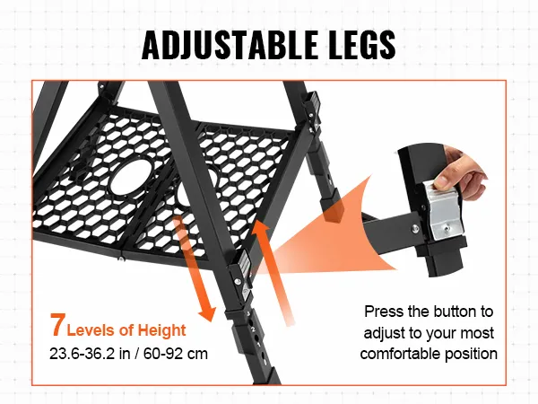 VEVOR folding work table with adjustable legs and 7 height levels, range 23.6-36.2 in (60-92 cm).