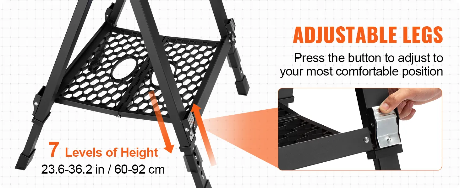 VEVOR folding work table with adjustable legs and 7 height levels, range 23.6-36.2 in (60-92 cm).