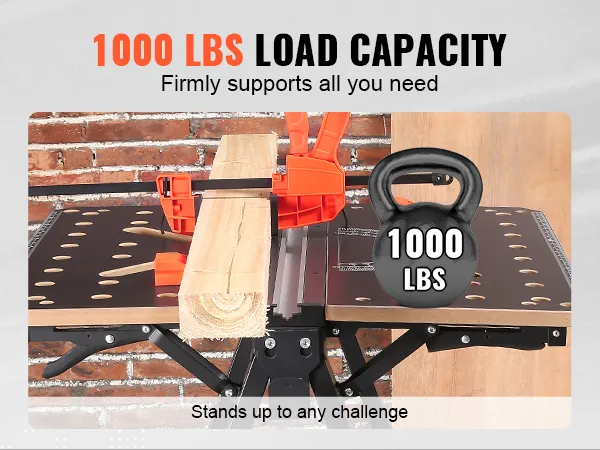VEVOR folding work table supporting 1000 lbs with clamps, kettlebell, and wooden planks in a workshop.