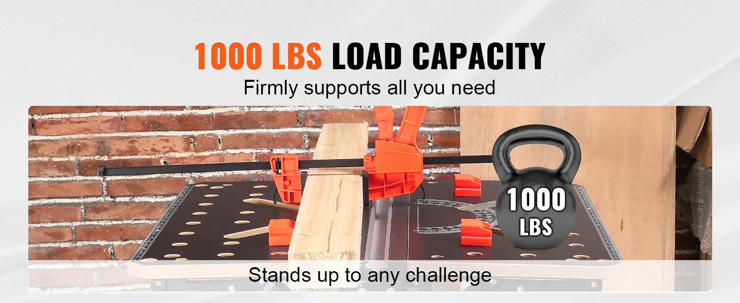 VEVOR folding work table supporting 1000 lbs with clamps, kettlebell, and wooden planks in a workshop.