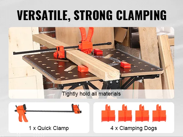VEVOR folding work table with quick clamp and clamping dogs tightly holding materials. versatile, strong clamping.