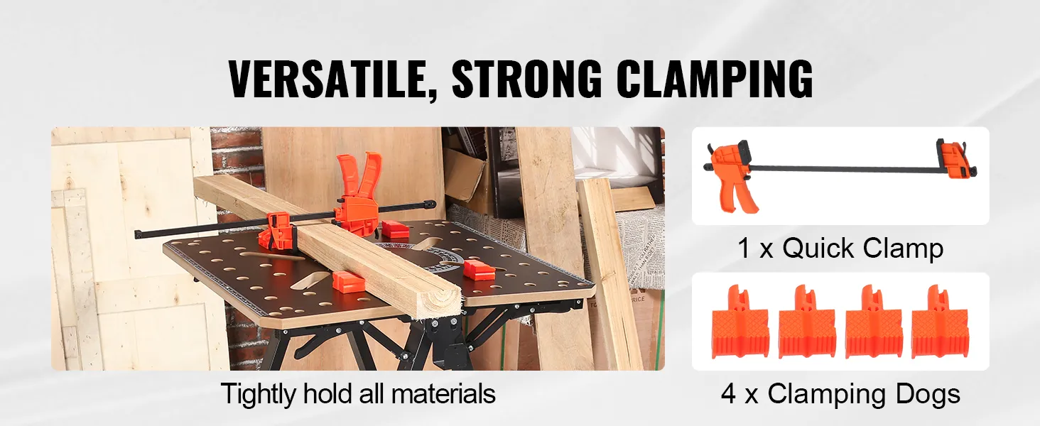 VEVOR folding work table with quick clamp and clamping dogs tightly holding materials. versatile, strong clamping.