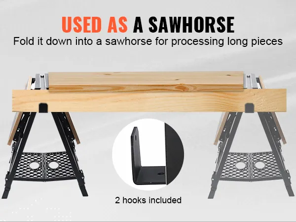 VEVOR folding work table used as a sawhorse for processing long pieces, includes 2 hooks for convenience.