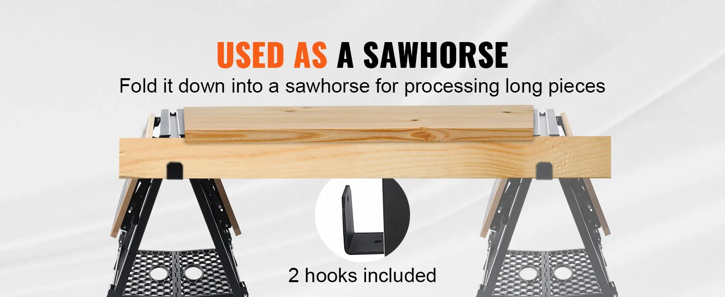 VEVOR folding work table used as a sawhorse for processing long pieces, includes 2 hooks for convenience.