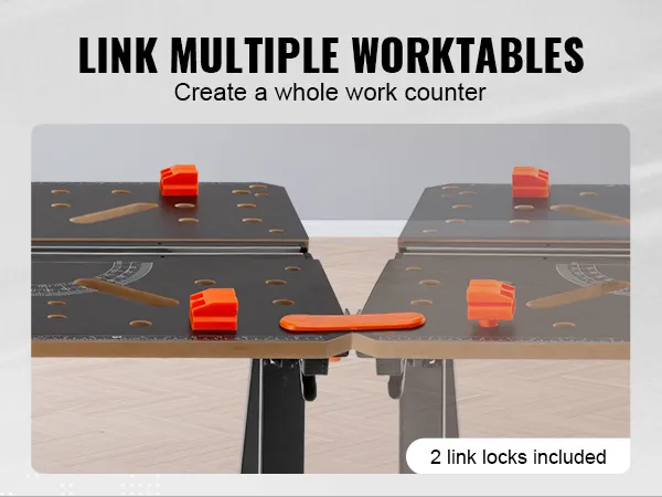 VEVOR folding work table, showcasing linked worktables and included link locks for creating a work counter.