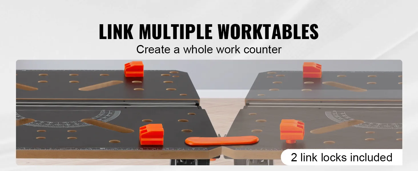 VEVOR folding work table, showcasing linked worktables and included link locks for creating a work counter.