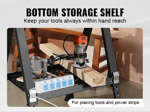 VEVOR folding work table with bottom storage shelf, power strip, and tools for easy access.