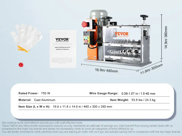 VEVOR wire stripping machine, 750w, cast aluminum, 1.5-32mm gauge range, 53.6 lbs, 480x300x380mm.