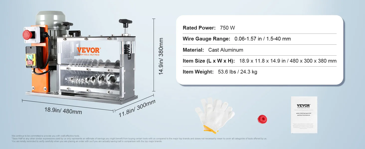 VEVOR wire stripping machine, 750w, cast aluminum, 1.5-32mm gauge range, 53.6 lbs, 480x300x380mm.
