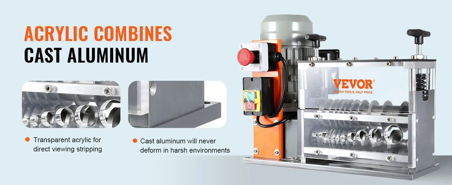 VEVOR wire stripping machine with acrylic and cast aluminum construction for superior durability.