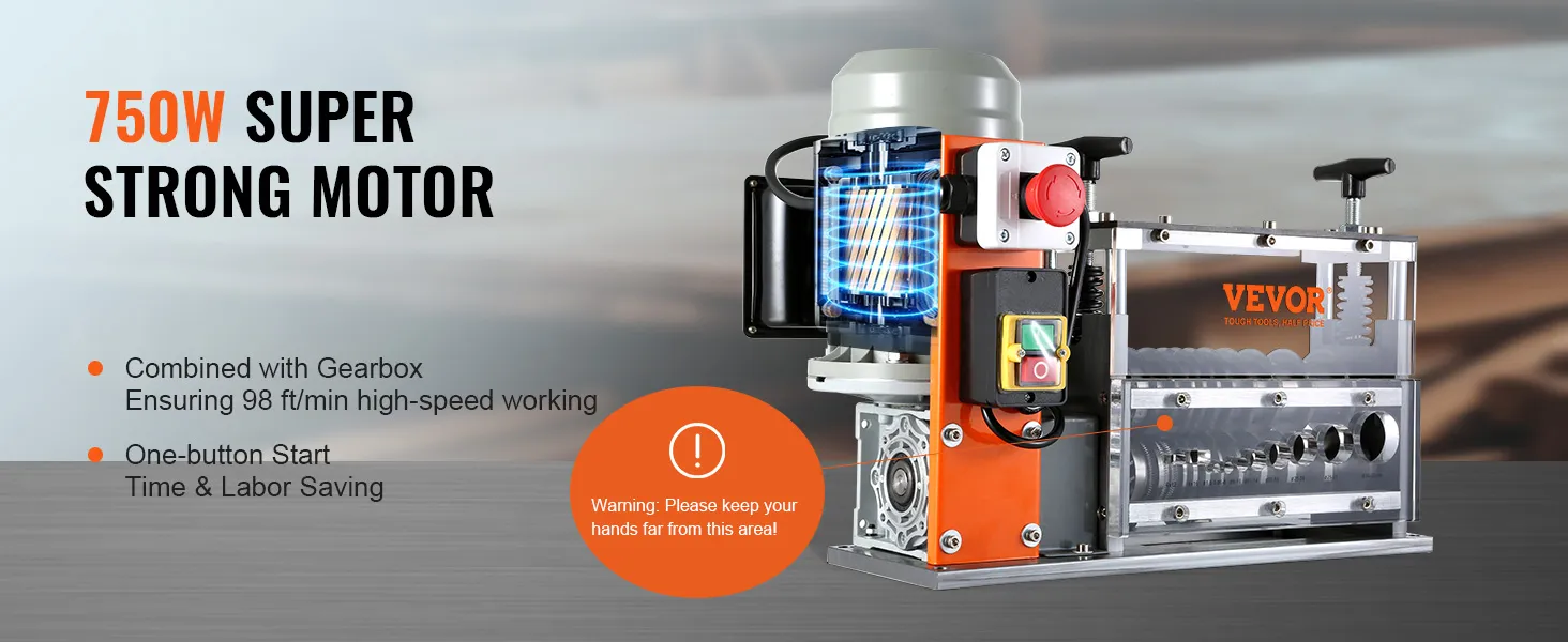 VEVOR wire stripping machine with 750w motor, one-button start, and 98 ft/min speed for efficiency.