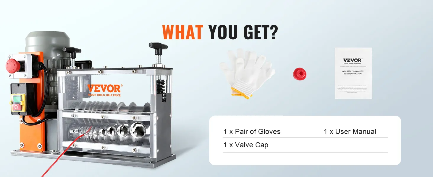 VEVOR wire stripping machine with gloves, valve cap, and user manual included.