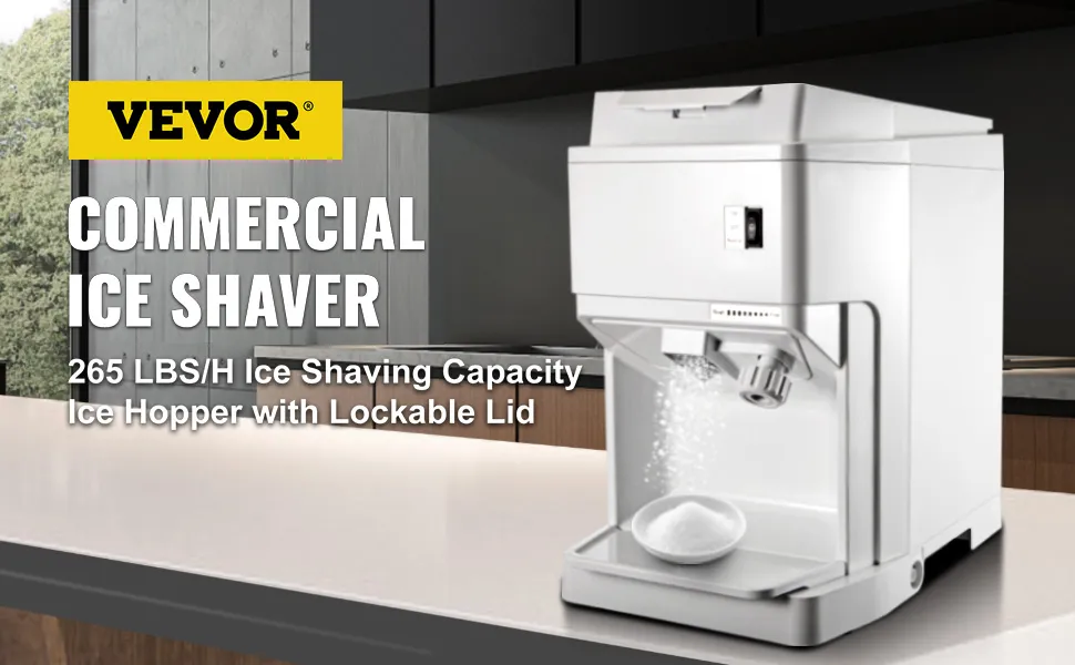 Máquina picadora de hielo VEVOR en una cocina elegante, mostrando una máquina picadora de hielo comercial.