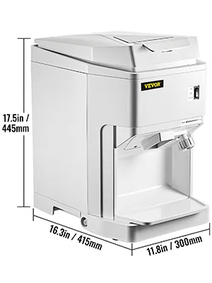 Máquina raspadora de hielo VEVOR con dimensiones: 17,5" de alto, 16,3" de ancho y 11,8" de profundidad.