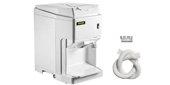 Máquina trituradora de hielo VEVOR con manguera y accesorio de cuchilla en color blanco.