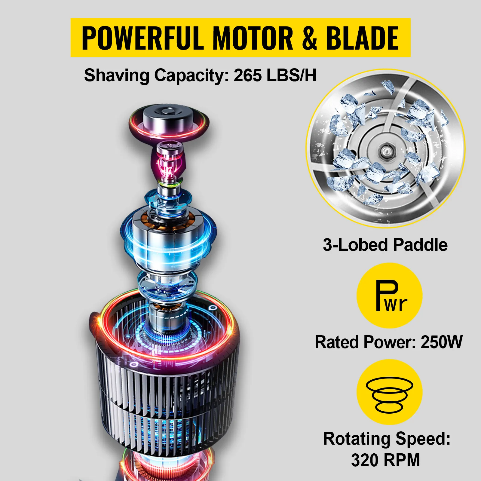 Máquina raspadora de hielo VEVOR con capacidad de raspado de 265 lbs/h, 250w de potencia y 320 rpm de velocidad.