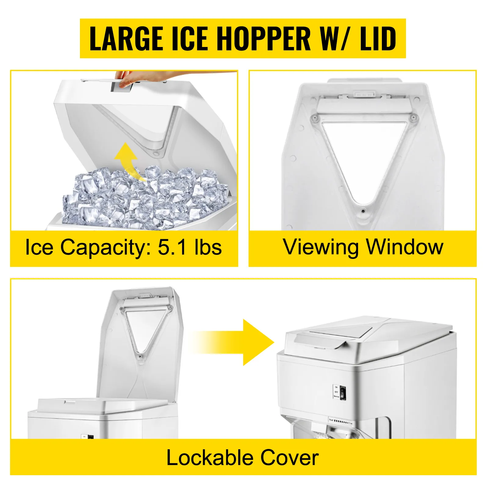 Máquina raspadora de hielo VEVOR con tolva de hielo grande, capacidad de 5,1 libras, ventana de visualización y cubierta con cerradura.