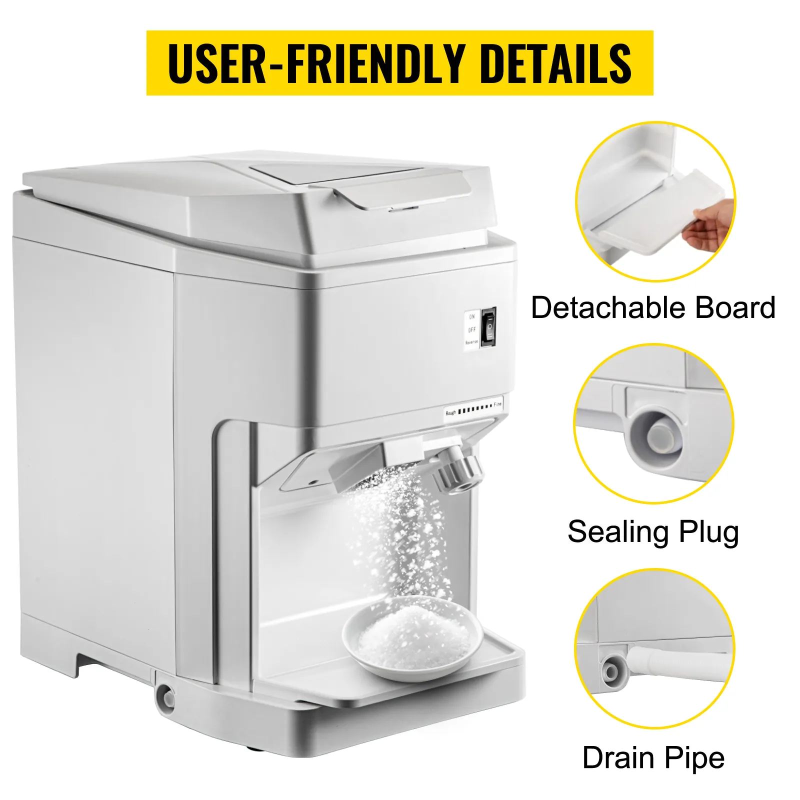 Máquina raspadora de hielo VEVOR con tabla desmontable, tapón de sellado y tubo de drenaje.