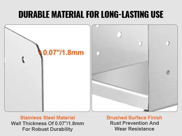 VEVOR adjustable post base, stainless steel with 0.07 inch wall thickness, brushed finish for durability.