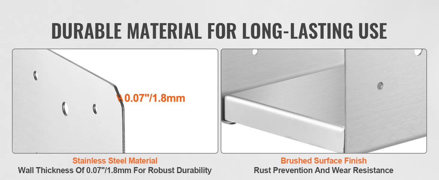 VEVOR adjustable post base, stainless steel with 0.07 inch wall thickness, brushed finish for durability.