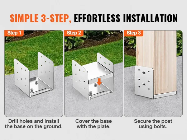 VEVOR adjustable post base installation: drill holes, cover base, secure post with bolts.