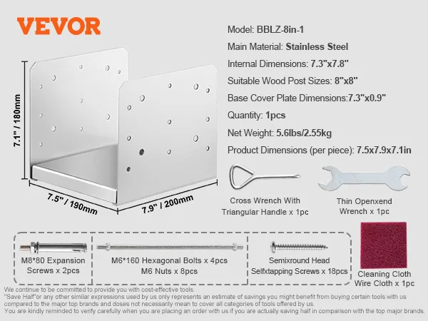 VEVOR post base, stainless steel, dimensions, wood post size, tools, bolts, screws, cleaning cloth.