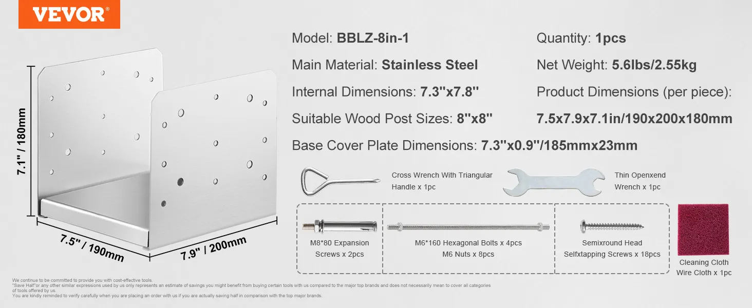 VEVOR post base, stainless steel, dimensions, wood post size, tools, bolts, screws, cleaning cloth.